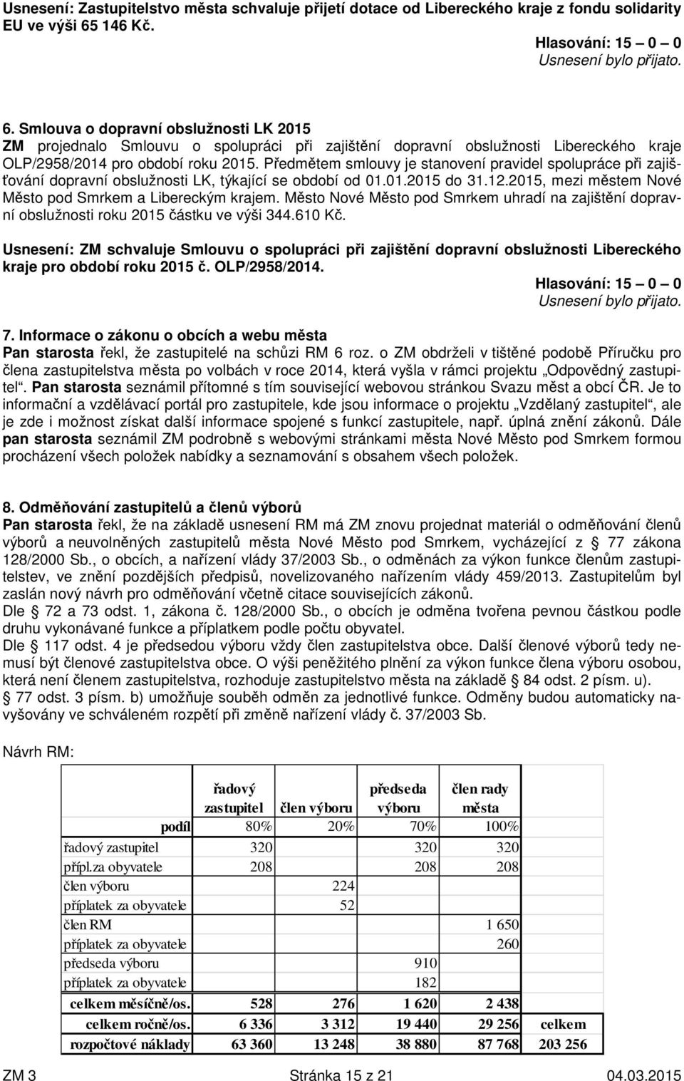 Předmětem smlouvy je stanovení pravidel spolupráce při zajišťování dopravní obslužnosti LK, týkající se období od 01.01.2015 do 31.12.2015, mezi městem Nové Město pod Smrkem a Libereckým krajem.