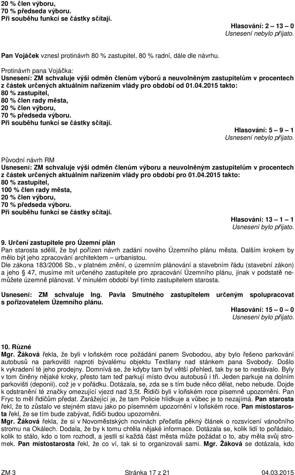 2015 takto: 80 % zastupitel, 80 % člen rady města, 20 % člen výboru, 70 % předseda výboru. Při souběhu funkcí se částky sčítají. Hlasování: 5 9 1 Usnesení nebylo přijato.