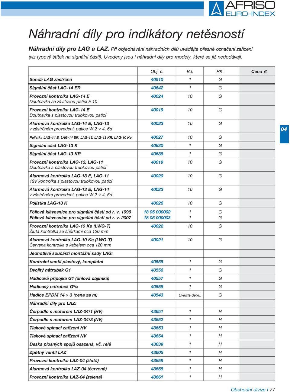 BJ: RK: Cena Sonda LAG zástrčná 4 1 G Signální část LAG- ER 442 1 G Provozní kontrolka LAG- E 404 G Doutnavka se závitovou paticí E Provozní kontrolka LAG- E 4 G Doutnavka s plastovou trubkovou