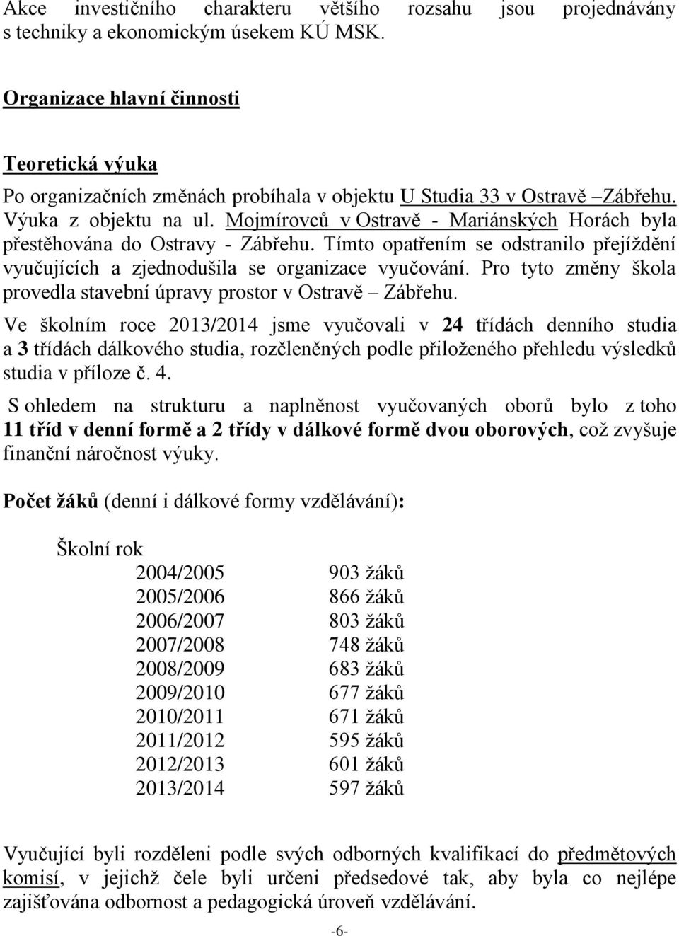 Mojmírovců v Ostravě - Mariánských Horách byla přestěhována do Ostravy - Zábřehu. Tímto opatřením se odstranilo přejíždění vyučujících a zjednodušila se organizace vyučování.