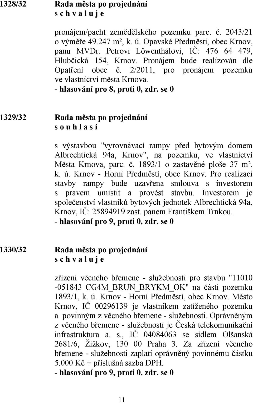 se 0 1329/32 Rada města po projednání s o u h l a s í s výstavbou "vyrovnávací rampy před bytovým domem Albrechtická 94a, Krnov", na pozemku, ve vlastnictví Města Krnova, parc. č.