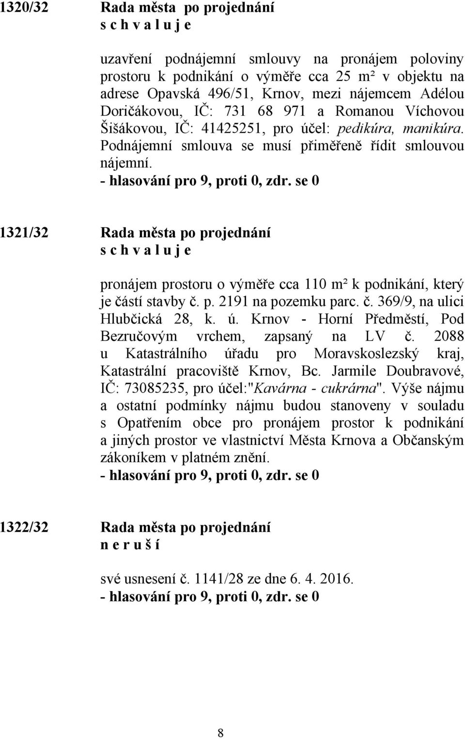 1321/32 Rada města po projednání pronájem prostoru o výměře cca 110 m² k podnikání, který je částí stavby č. p. 2191 na pozemku parc. č. 369/9, na ulici Hlubčická 28, k. ú.