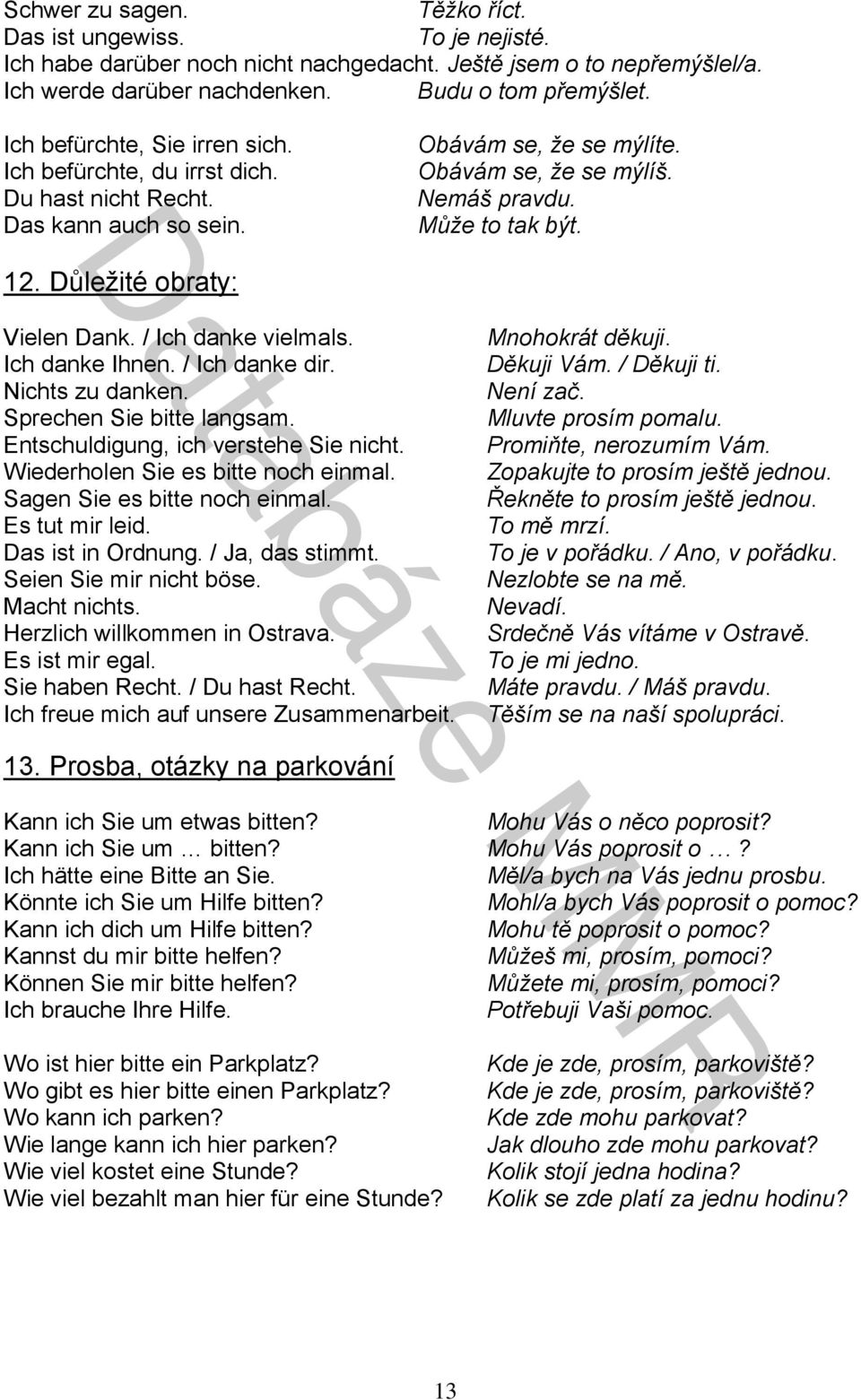 Důležité obraty: Vielen Dank. / Ich danke vielmals. Ich danke Ihnen. / Ich danke dir. Nichts zu danken. Sprechen Sie bitte langsam. Entschuldigung, ich verstehe Sie nicht.