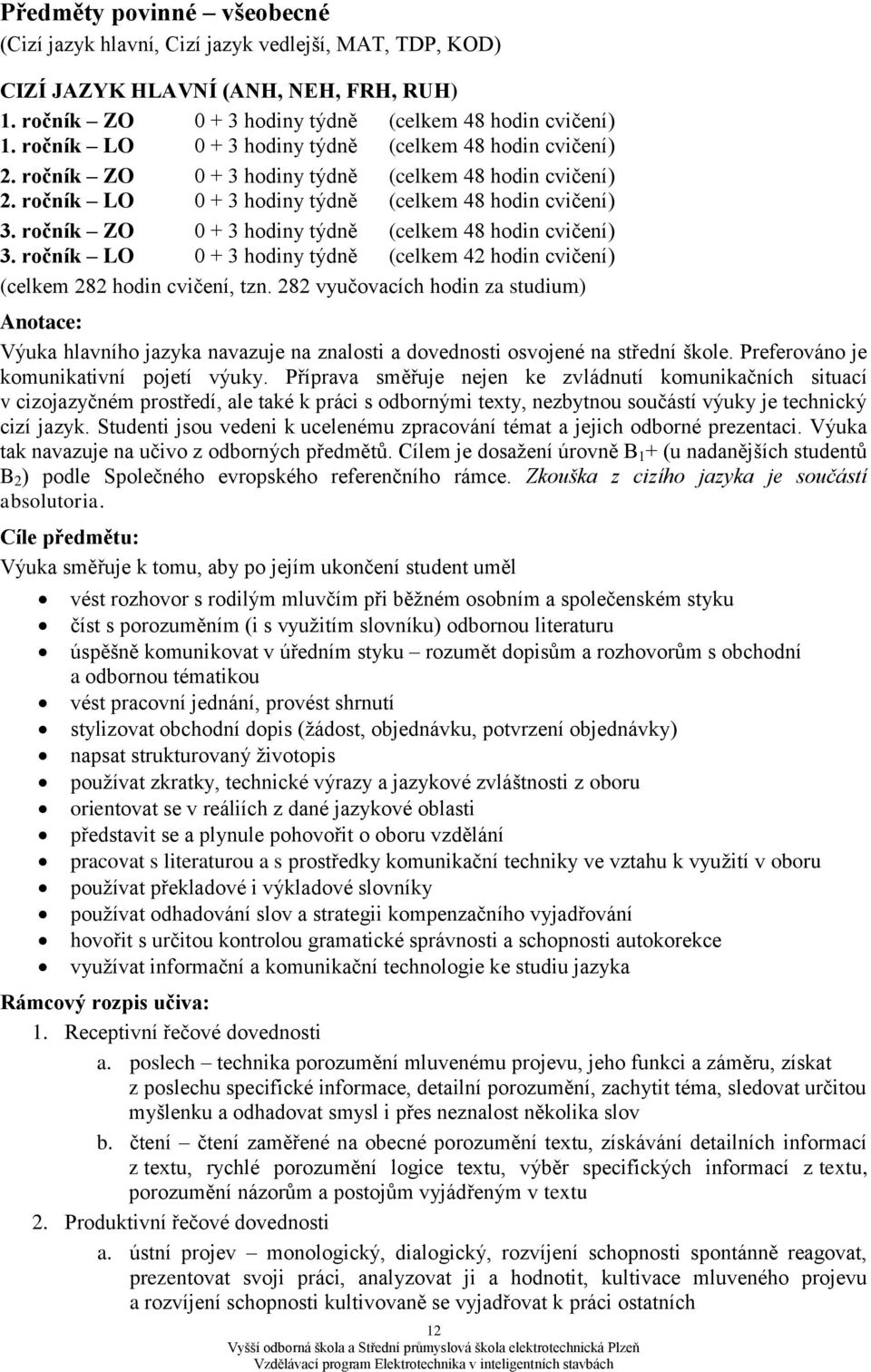 rčník ZO 0 + 3 hdiny týdně (celkem 48 hdin cvičení) 3. rčník LO 0 + 3 hdiny týdně (celkem 42 hdin cvičení) (celkem 282 hdin cvičení, tzn.