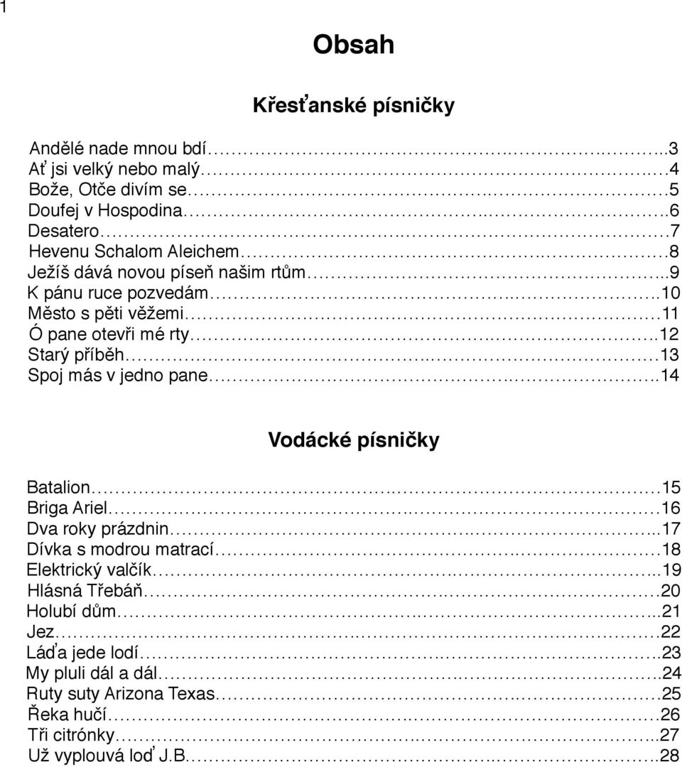 13 Spoj más v jedno pane..14 Vodácké písničky Batalion. 15 Briga Ariel. 16 Dva roky prázdnin...17 Dívka s modrou matrací. 18 Elektrický valčík.