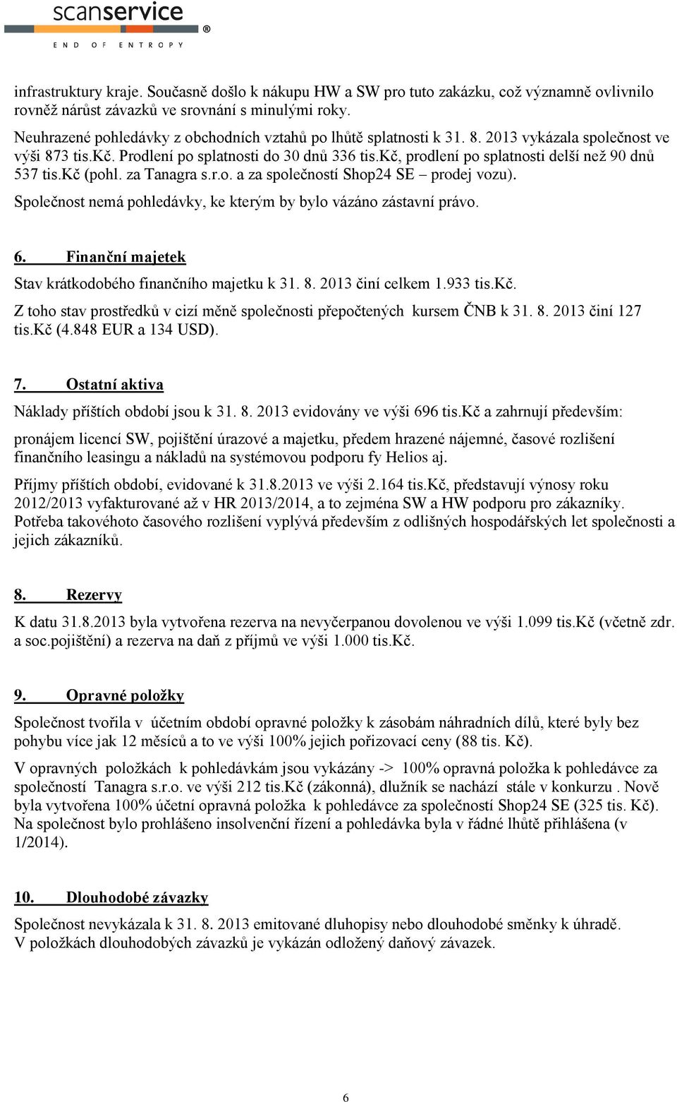 kč, prodlení po splatnosti delší než 90 dnů 537 tis.kč (pohl. za Tanagra s.r.o. a za společností Shop24 SE prodej vozu). Společnost nemá pohledávky, ke kterým by bylo vázáno zástavní právo. 6.