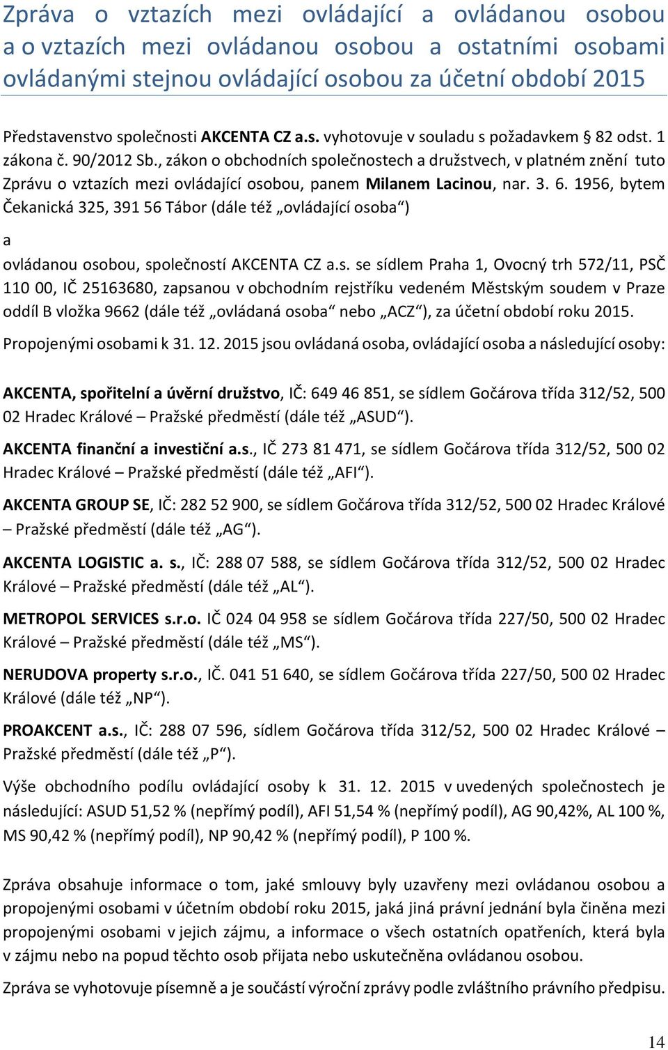 , zákon o obchodních společnostech a družstvech, v platném znění tuto Zprávu o vztazích mezi ovládající osobou, panem Milanem Lacinou, nar. 3. 6.