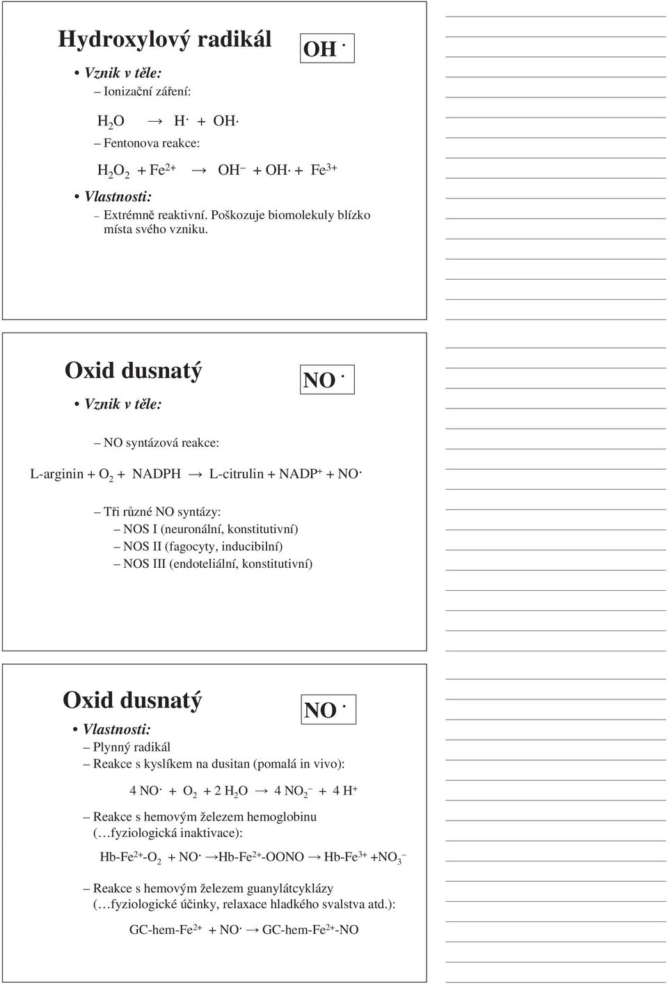 (endoteliální, konstitutivní) Oxid dusnatý NO Vlastnosti: Plynnýradikál Reakce s kyslíkem na dusitan (pomalá in vivo): 4NO + O 2 + 2 H 2 O 4 NO 2 + 4 H + Reakce s hemovým železem hemoglobinu (