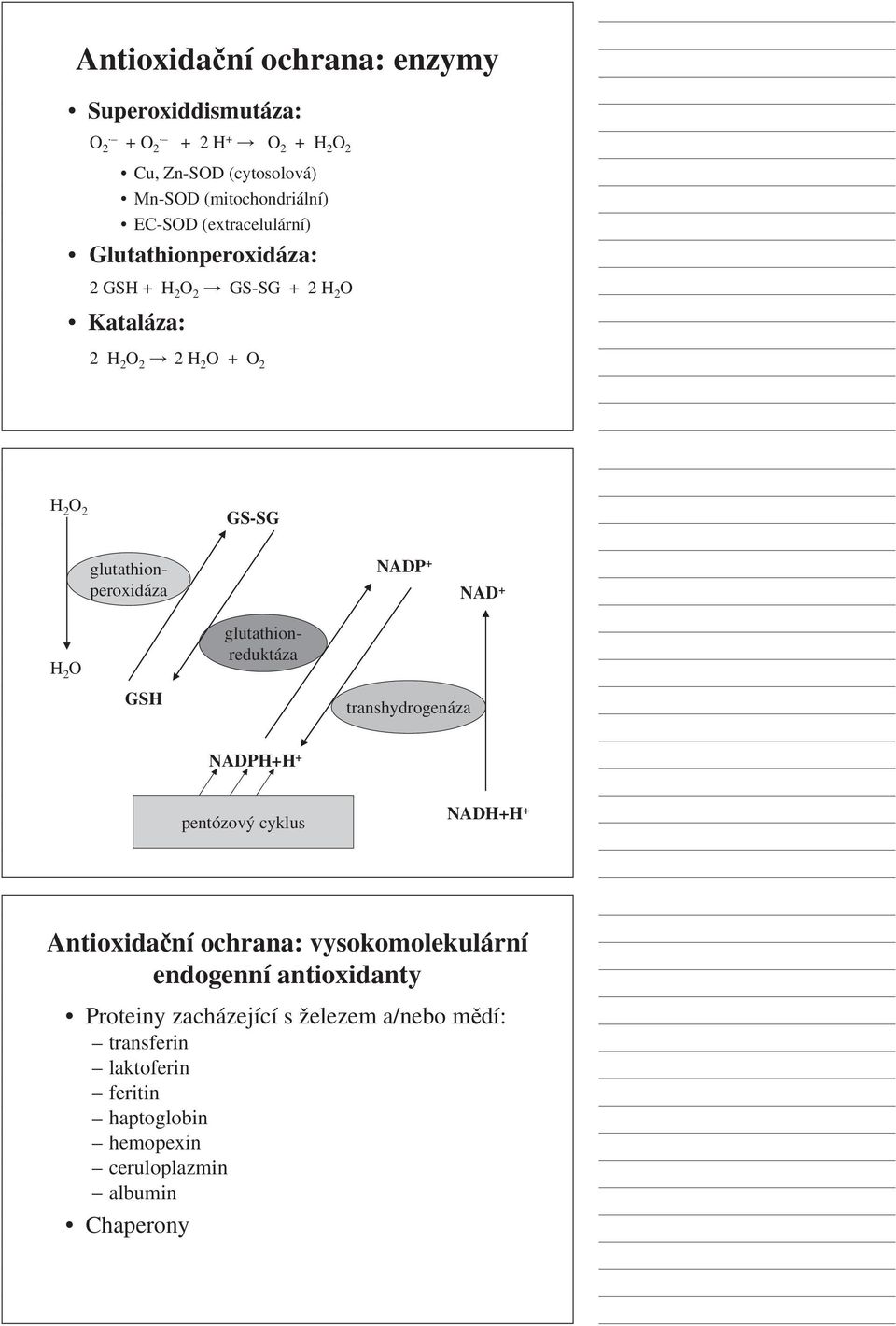 GSH glutathionperoxidáza glutathionreduktáza transhydrogenáza NADPH+H + pentózový cyklus NADH+H + Antioxidační ochrana: vysokomolekulární