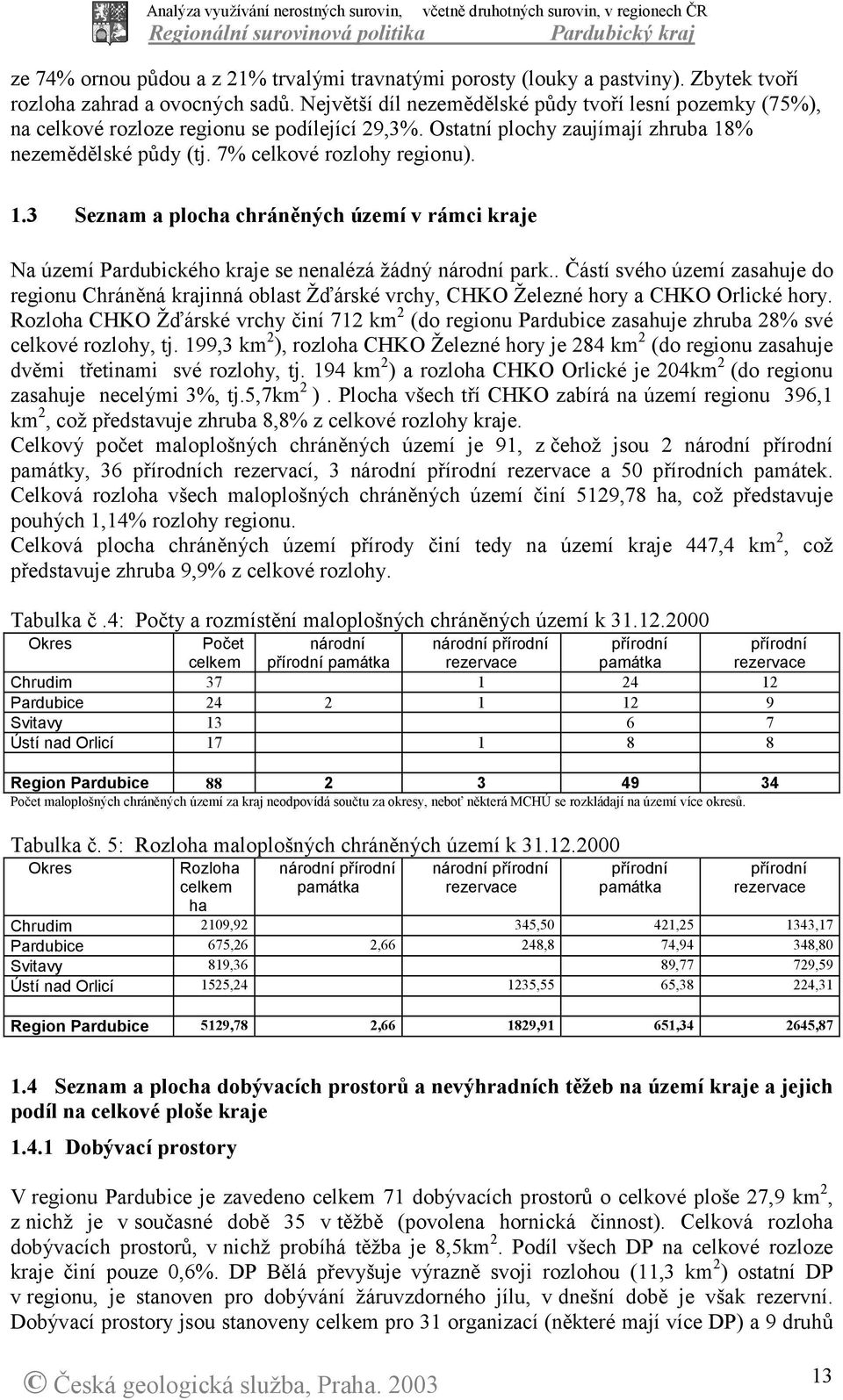 % nezemědělské půdy (tj. 7% celkové rozlohy regionu). 1.3 Seznam a plocha chráněných území v rámci kraje Na území Pardubického kraje se nenalézá žádný národní park.