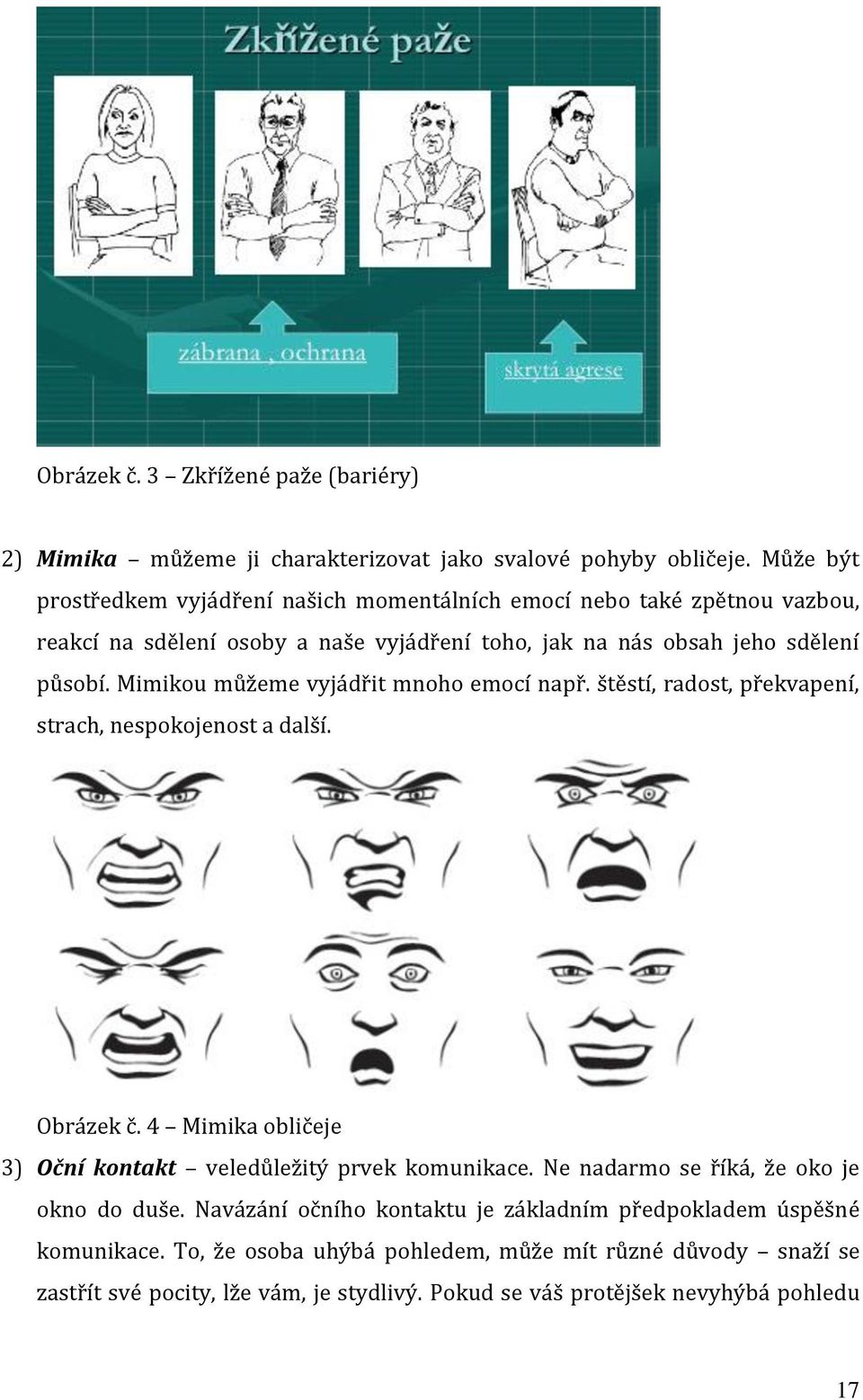 Mimikou můžeme vyjádřit mnoho emocí např. štěstí, radost, překvapení, strach, nespokojenost a další. Obrázek č. 4 Mimika obličeje 3) Oční kontakt veledůležitý prvek komunikace.