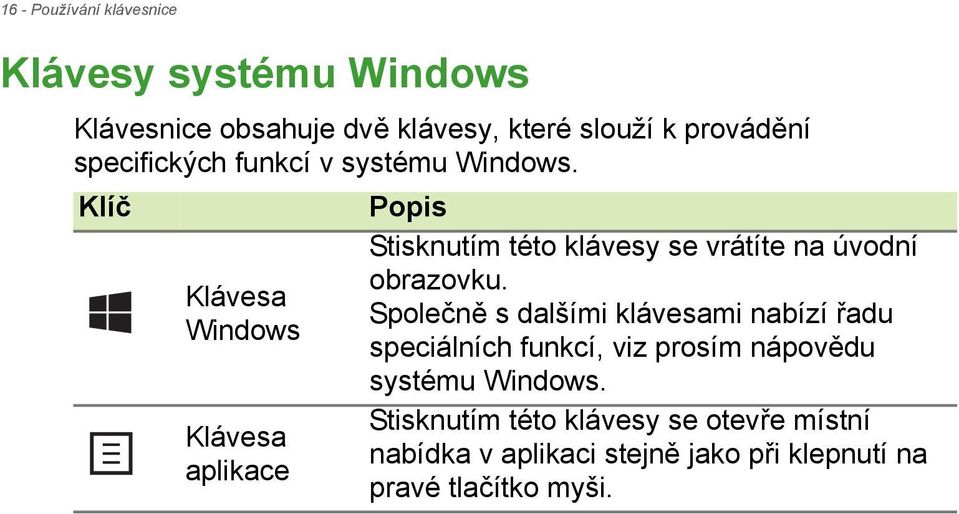 Klíč Popis Klávesa Windows Klávesa aplikace Stisknutím této klávesy se vrátíte na úvodní obrazovku.