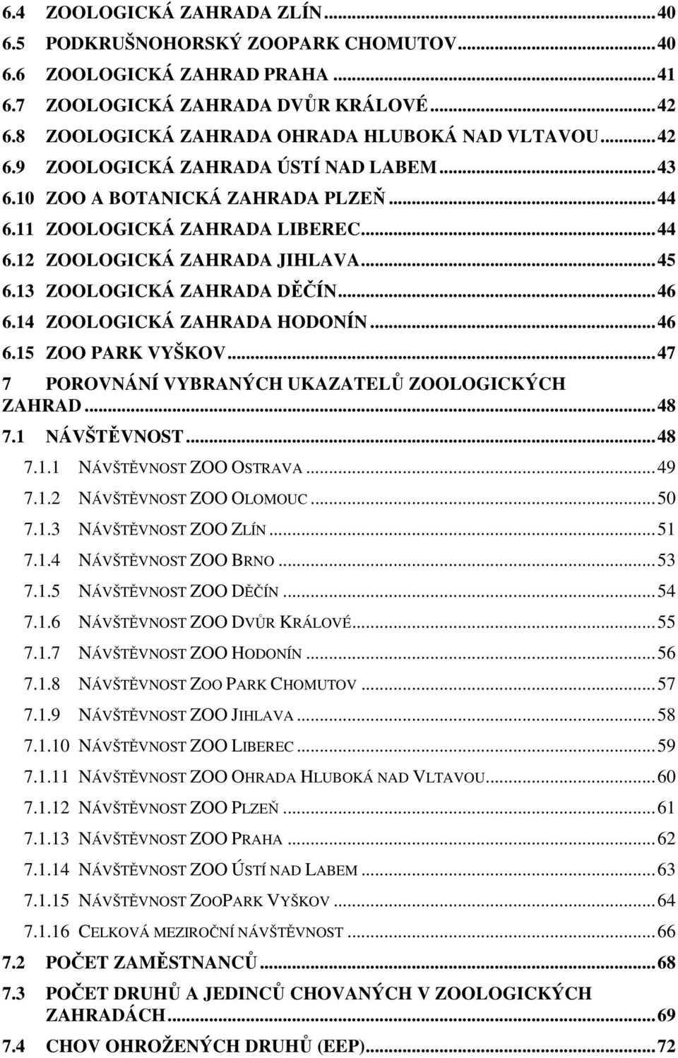 .. 45 6.13 ZOOLOGICKÁ ZAHRADA DĚČÍN... 46 6.14 ZOOLOGICKÁ ZAHRADA HODONÍN... 46 6.15 ZOO PARK VYŠKOV... 47 7 POROVNÁNÍ VYBRANÝCH UKAZATELŮ ZOOLOGICKÝCH ZAHRAD... 48 7.1 NÁVŠTĚVNOST... 48 7.1.1 NÁVŠTĚVNOST ZOO OSTRAVA.