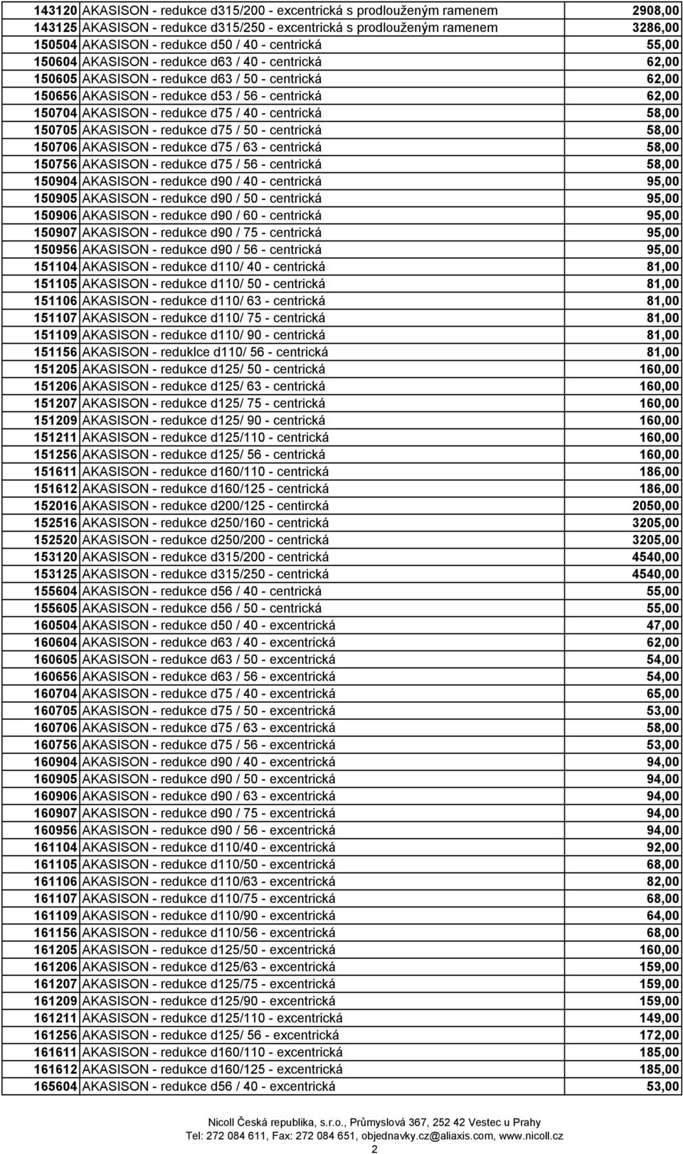 redukce d75 / 40 - centrická 58,00 150705 AKASISON - redukce d75 / 50 - centrická 58,00 150706 AKASISON - redukce d75 / 63 - centrická 58,00 150756 AKASISON - redukce d75 / 56 - centrická 58,00