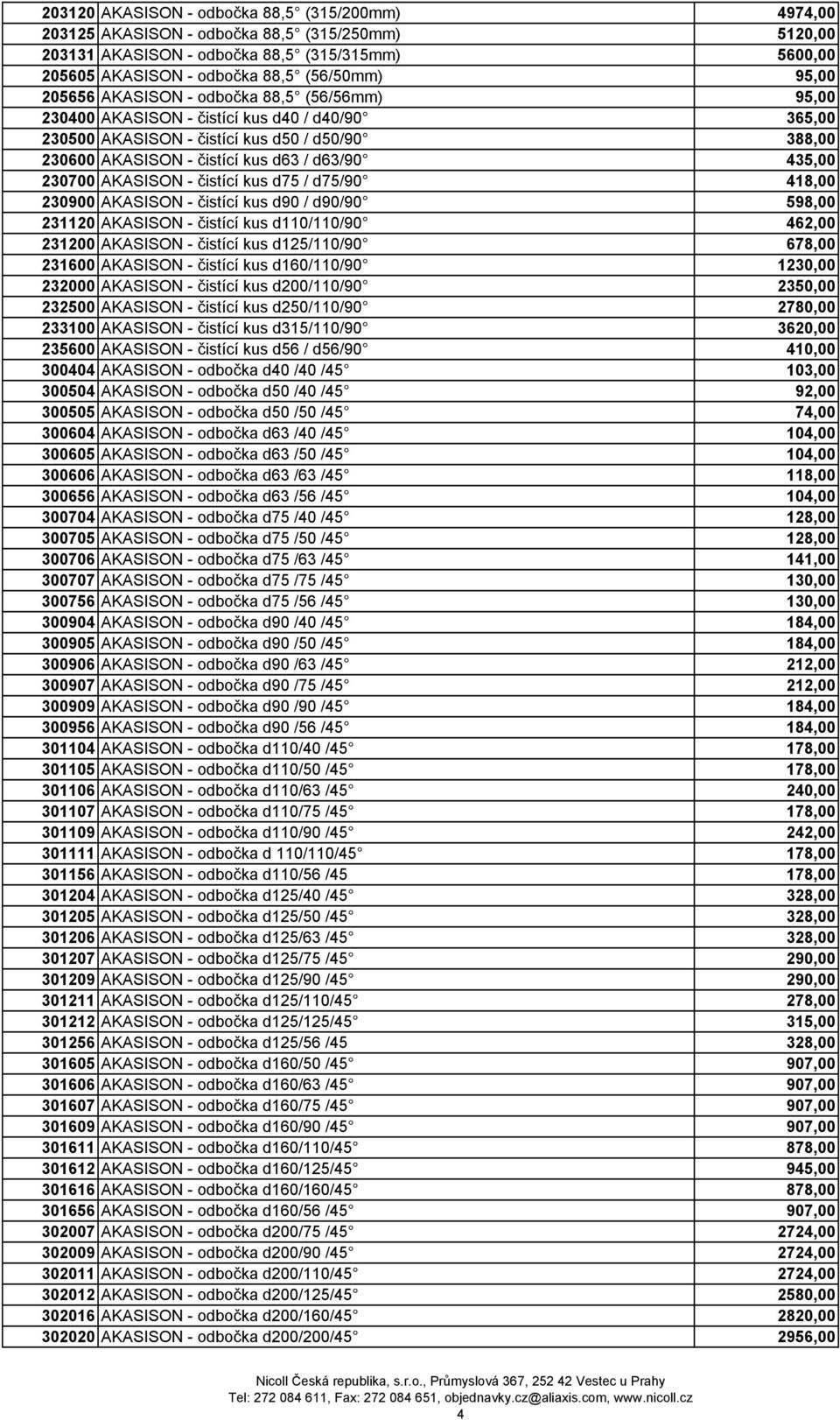 230700 AKASISON - čistící kus d75 / d75/90 418,00 230900 AKASISON - čistící kus d90 / d90/90 598,00 231120 AKASISON - čistící kus d110/110/90 462,00 231200 AKASISON - čistící kus d125/110/90 678,00