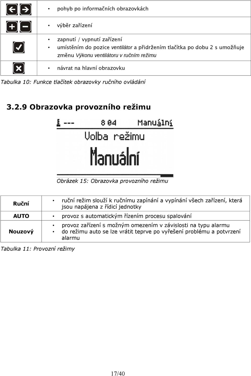 9 Obrazovka provozního režimu Obrázek 15: Obrazovka provozního režimu ruční režim slouží k ručnímu zapínání a vypínání všech zařízení, která jsou napájena z řídicí