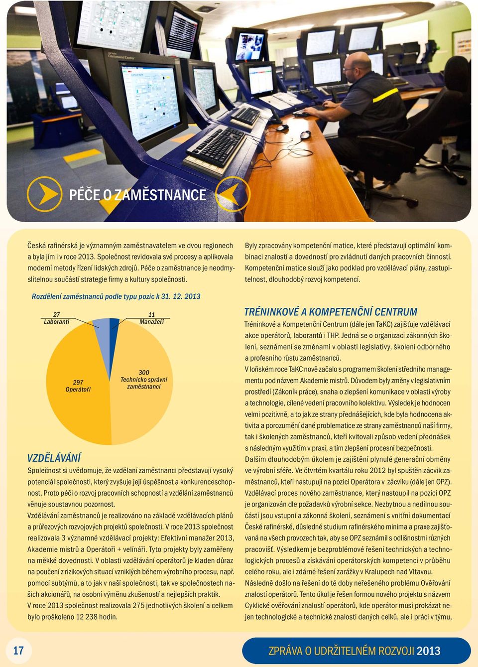 2013 27 Laboranti 297 Operátoři 11 Manažeři 300 Technicko správní zaměstnanci Vzdělávání Společnost si uvědomuje, že vzdělaní zaměstnanci představují vysoký potenciál společnosti, který zvyšuje její