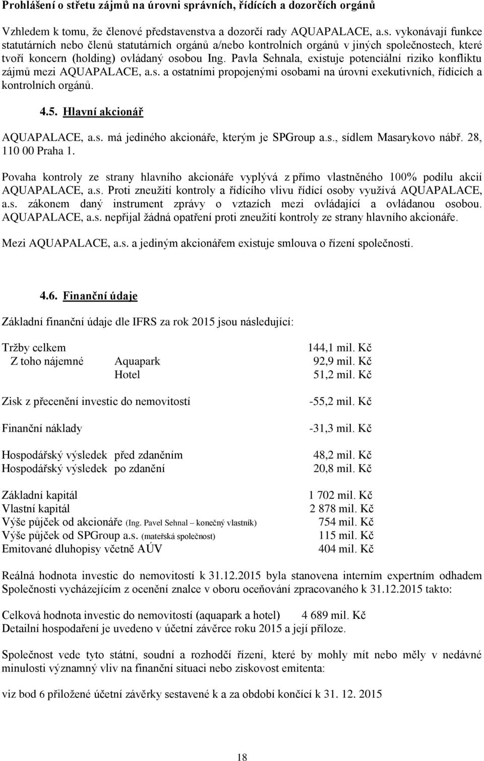 Hlavní akcionář AQUAPALACE, a.s. má jediného akcionáře, kterým je SPGroup a.s., sídlem Masarykovo nábř. 28, 110 00 Praha 1.