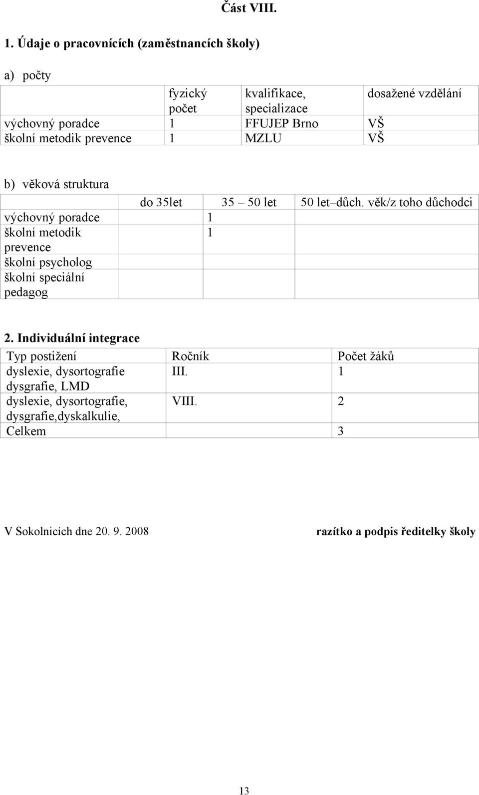 školní metodik prevence 1 MZLU VŠ b) věková struktura do 35let 35 50 let 50 let důch.