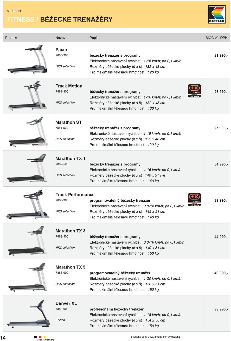 programy 27 990,- Elektronické nastavení rychlosti 1-16 km/h; po 0,1 km/h Rozměry běžecké plochy (d x š) 132 x 48 cm 120 kg Marathon TX 1 7882-500 běžecký trenažér s programy 34 990,- Elektronické