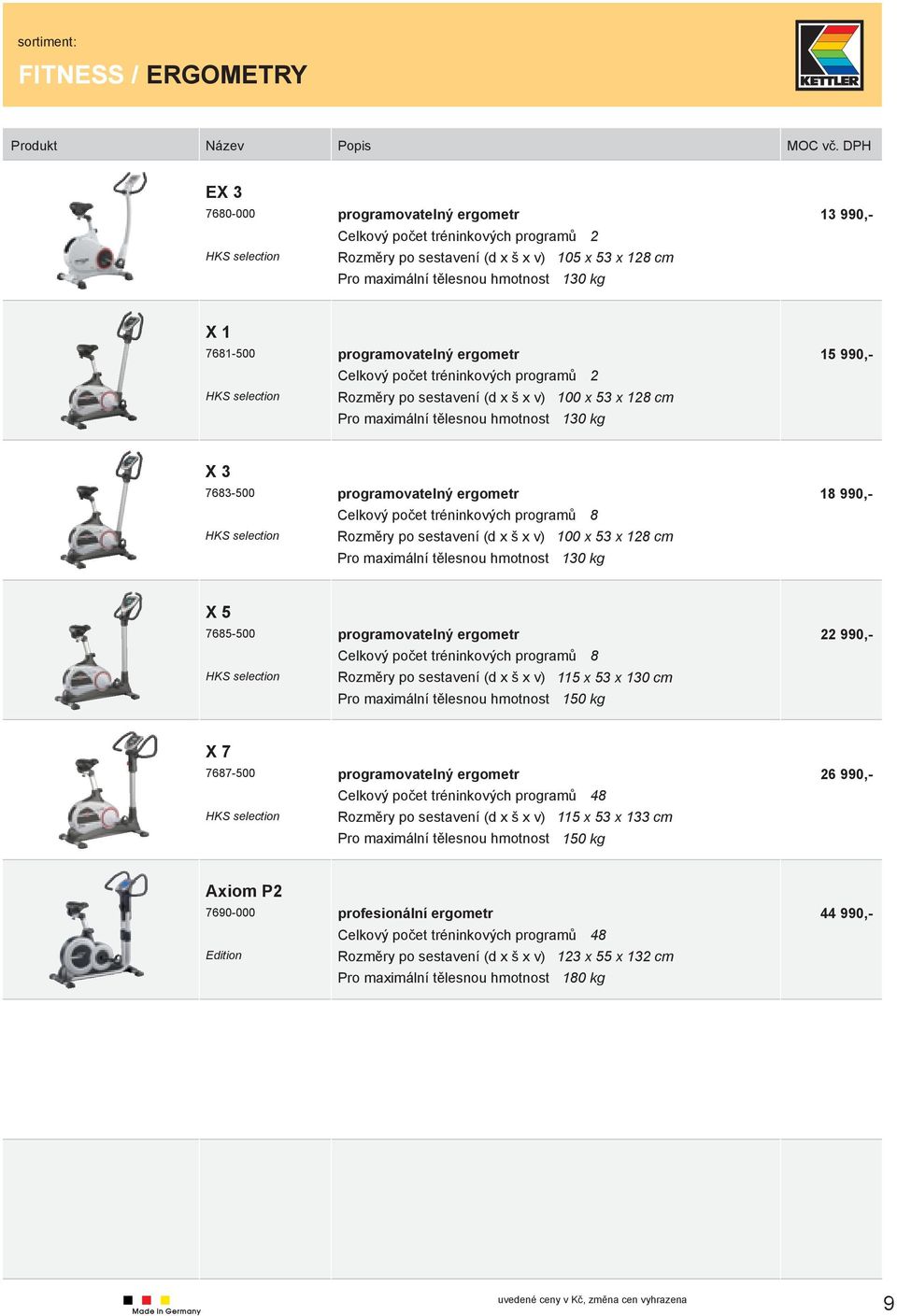 130 kg X 5 7685-500 programovatelný ergometr Celkový počet tréninkových programů 8 115 x 53 x 130 cm 150 kg 22 990,- X 7 7687-500 programovatelný ergometr Celkový počet