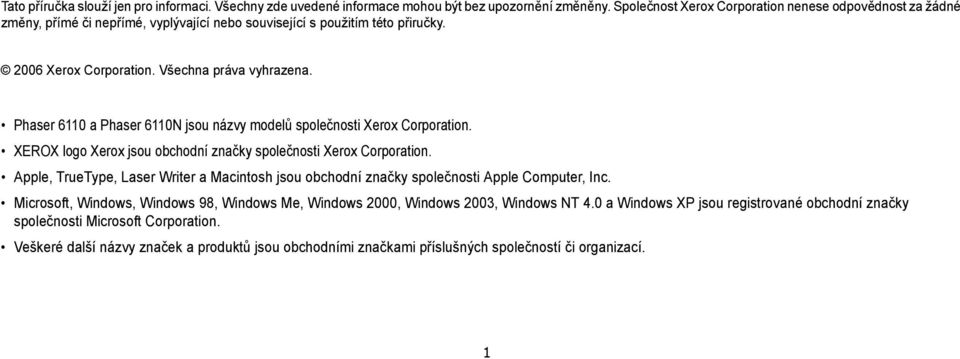 Phaser 6110 a Phaser 6110N jsou názvy modelů společnosti Xerox Corporation. XEROX logo Xerox jsou obchodní značky společnosti Xerox Corporation.