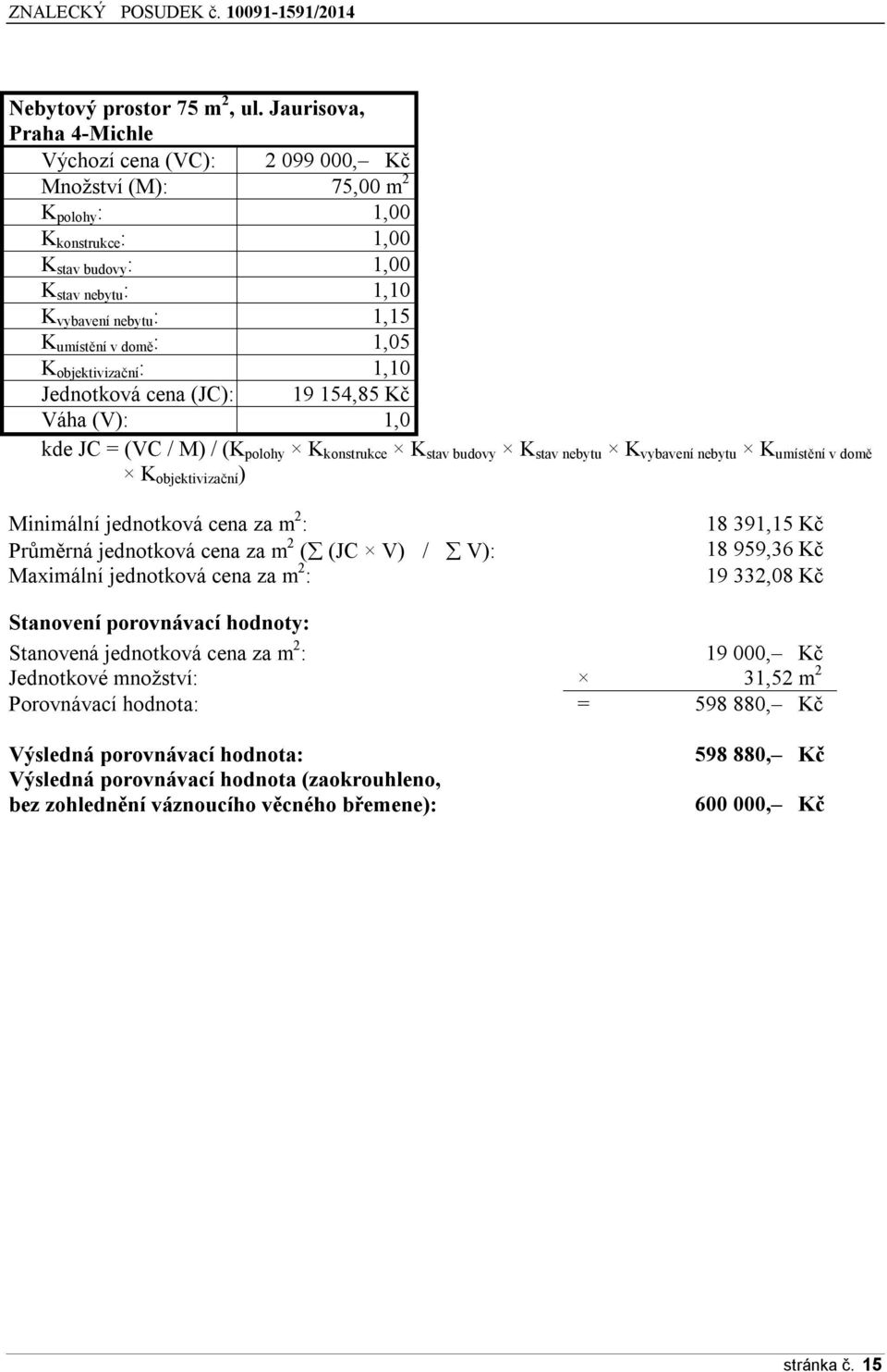 domě : 1,05 K objektivizační : 1,10 Jednotková cena (JC): 19 154,85 Kč Váha (V): 1,0 kde JC = (VC / M) / (K polohy K konstrukce K stav budovy K stav nebytu K vybavení nebytu K umístění v domě K