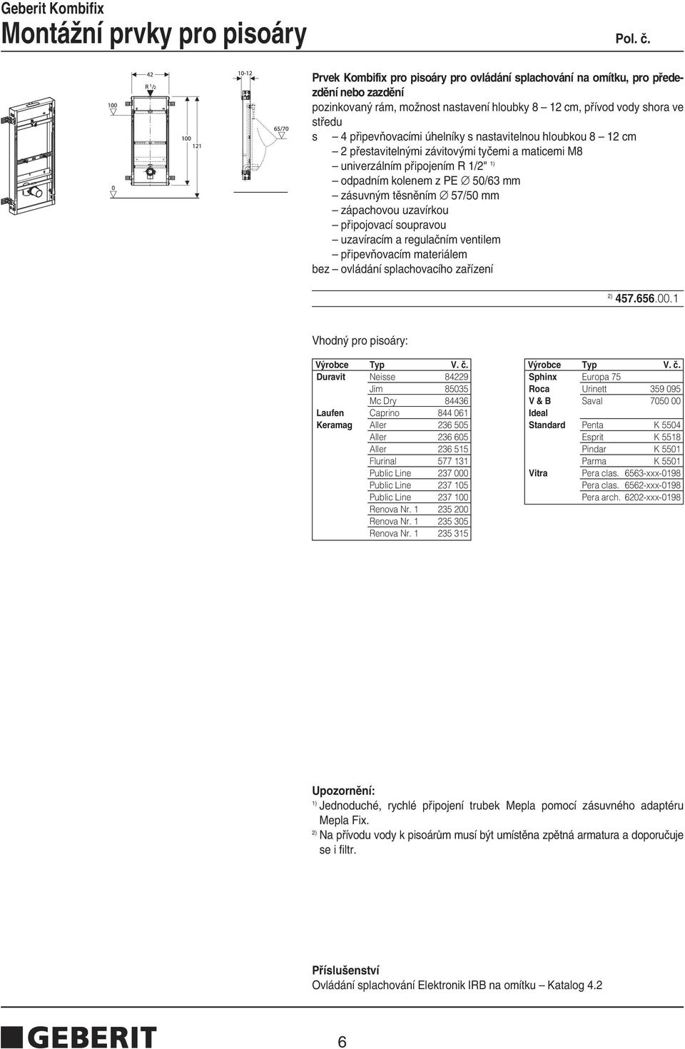 m tûsnûním 57/50 mm zápachovou uzavírkou pfiipojovací soupravou uzavíracím a regulaãním ventilem bez ovládání splachovacího zafiízení 457.656.00.1 Vhodn pro pisoáry: V robce Typ V. ã.