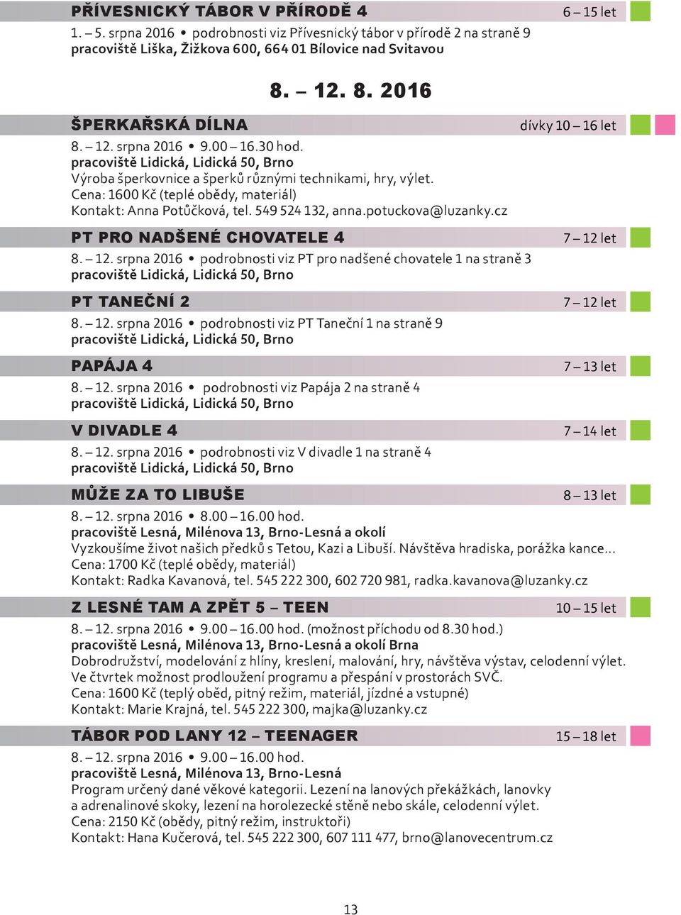 cz dívky 10 16 let PT PRO NADŠENÉ CHOVATELE 4 8. 12. srpna 2016 podrobnosti viz PT pro nadšené chovatele 1 na straně 3 PT TANEČNÍ 2 8. 12. srpna 2016 podrobnosti viz PT Taneční 1 na straně 9 PAPÁJA 4 8.