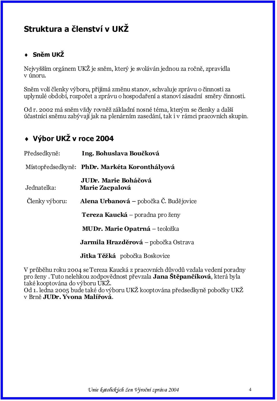 2002 má sněm vţdy rovněţ základní nosné téma, kterým se členky a další účastníci sněmu zabývají jak na plenárním zasedání, tak i v rámci pracovních skupin. Výbor UKŽ v roce 2004 Předsedkyně: Ing.
