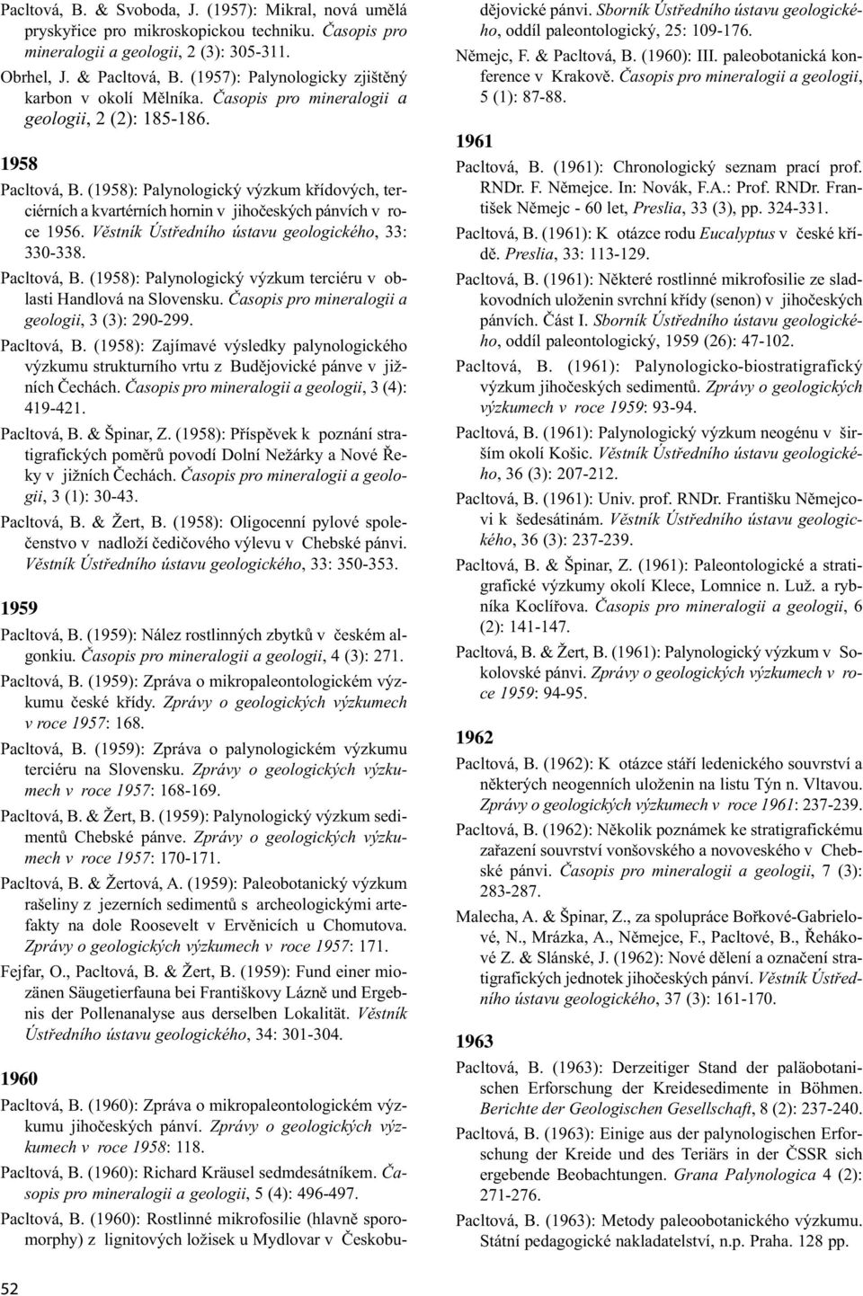 (1958): Palynologický výzkum křídových, terciérních a kvartérních hornin v jihočeských pánvích v roce 1956. Věstník Ústředního ústavu geologického, 33: 330-338. Pacltová, B.