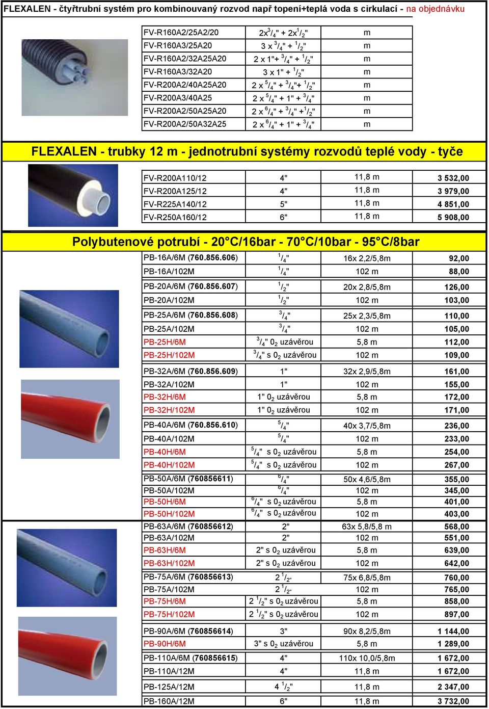 x 6 / 4 " + 3 / 4 " + 1 / 2 " m FV-R200A2/50A32A25 2 x 6 / 4 " + 1" + 3 / 4 " m FLEXALEN - trubky 12 m - jednotrubní systémy rozvodů teplé vody - tyče FV-R200A110/12 4" 11,8 m 3 532,00 FV-R200A125/12