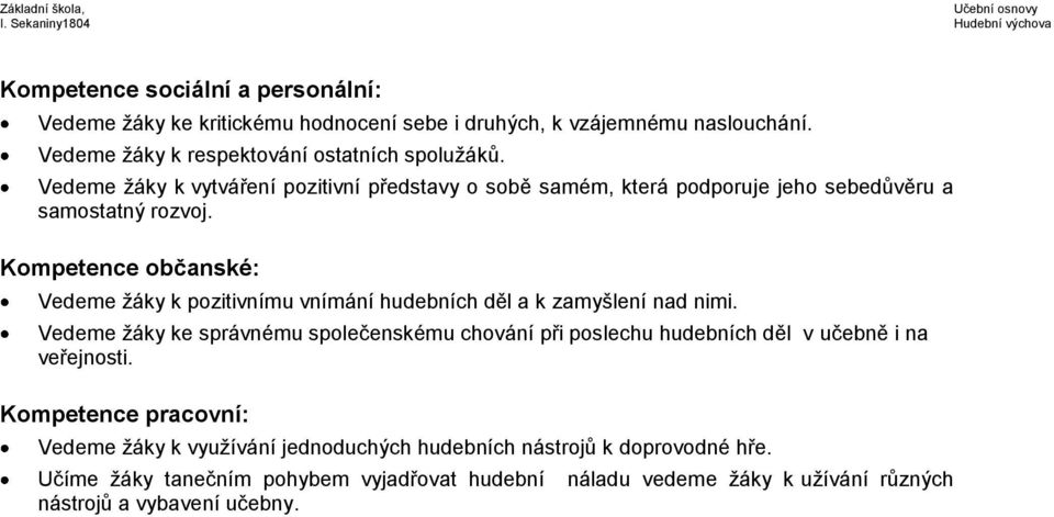 Kompetence občanské: Vedeme žáky k pozitivnímu vnímání hudebních děl a k zamyšlení nad nimi.