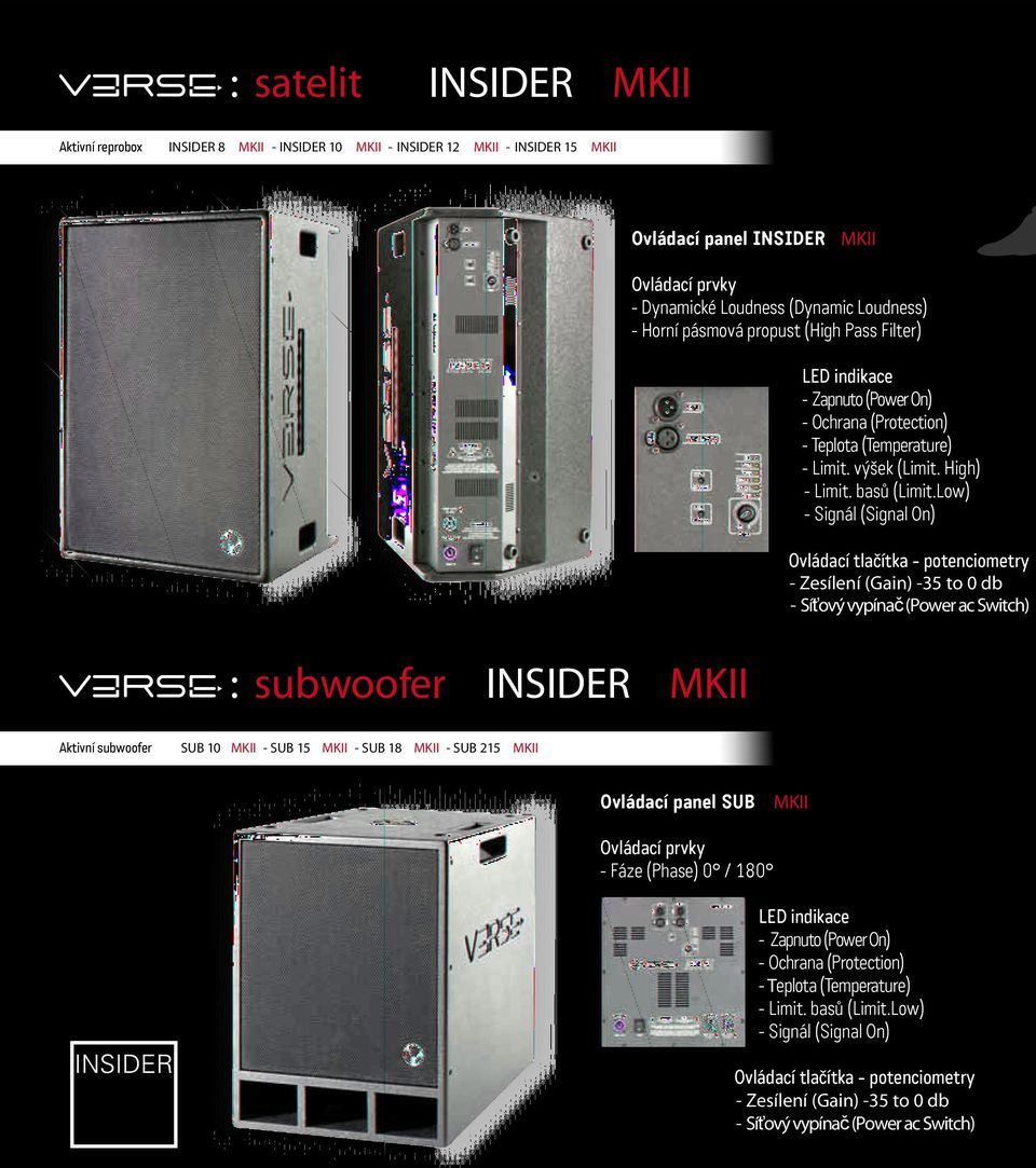 Low) - Signál (Signal On) - Zesílení (Gain) -35 to 0 db - Síťový vypínač (Power ac Switch) : subwoofer INSIDER Aktivní subwoofer SUB 10 - SUB 15 - SUB 18 - SUB 215 Ovládací