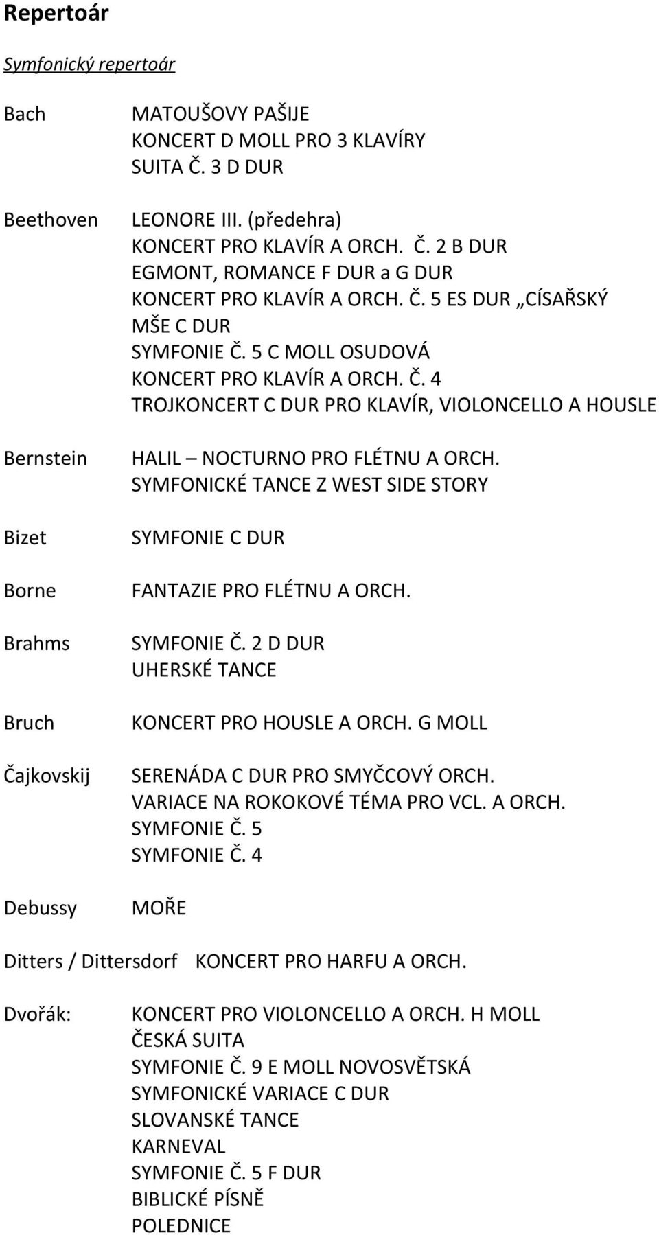 SYMFONICKÉ TANCE Z WEST SIDE STORY SYMFONIE C DUR FANTAZIE PRO FLÉTNU A ORCH. SYMFONIE Č. 2 D DUR UHERSKÉ TANCE KONCERT PRO HOUSLE A ORCH. G MOLL SERENÁDA C DUR PRO SMYČCOVÝ ORCH.