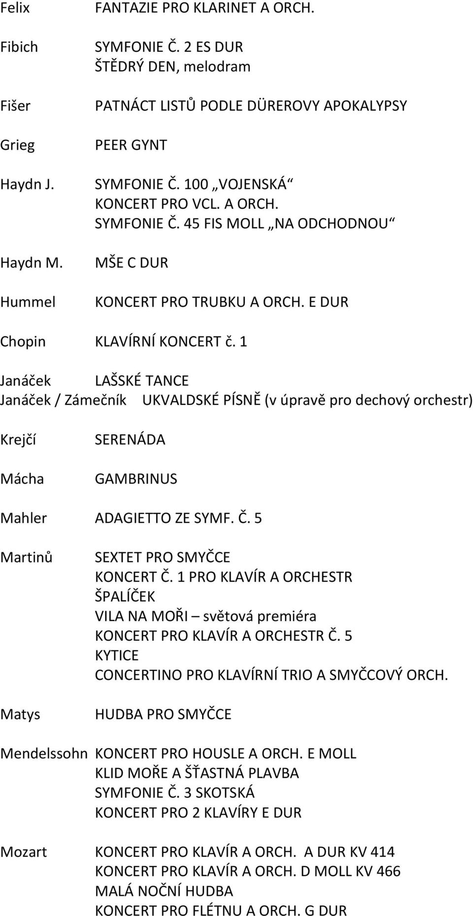 1 Janáček LAŠSKÉ TANCE Janáček / Zámečník UKVALDSKÉ PÍSNĚ (v úpravě pro dechový orchestr) Krejčí Mácha SERENÁDA GAMBRINUS Mahler ADAGIETTO ZE SYMF. Č. 5 Matys SEXTET PRO SMYČCE KONCERT Č.