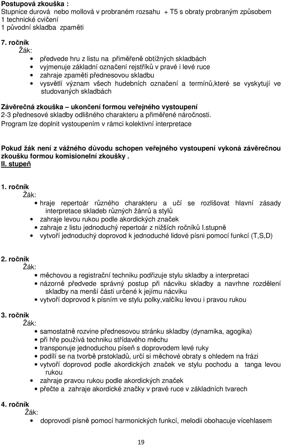 termínů,které se vyskytují ve studovaných skladbách Závěrečná zkouška ukončení formou veřejného vystoupení 2-3 přednesové skladby odlišného charakteru a přiměřené náročnosti.