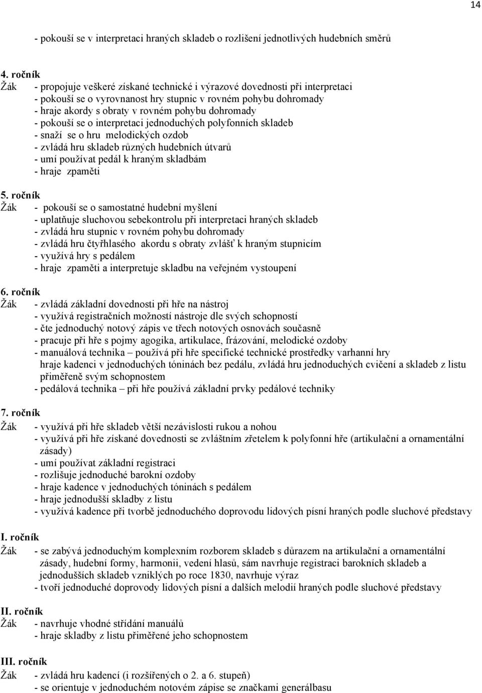 - pokouší se o interpretaci jednoduchých polyfonních skladeb - snaží se o hru melodických ozdob - zvládá hru skladeb různých hudebních útvarů - umí používat pedál k hraným skladbám - hraje zpaměti 5.