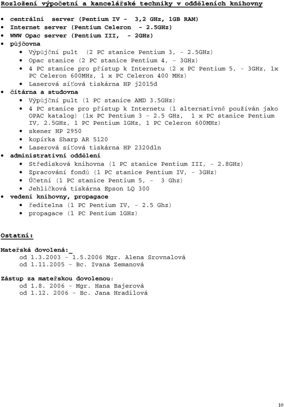 5GHz) Opac stanice (2 PC stanice Pentium 4, - 3GHz) 4 PC stanice pro přístup k Internetu (2 x PC Pentium 5, - 3GHz, 1x PC Celeron 600MHz, 1 x PC Celeron 400 MHz) Laserová síťová tiskárna HP j2015d