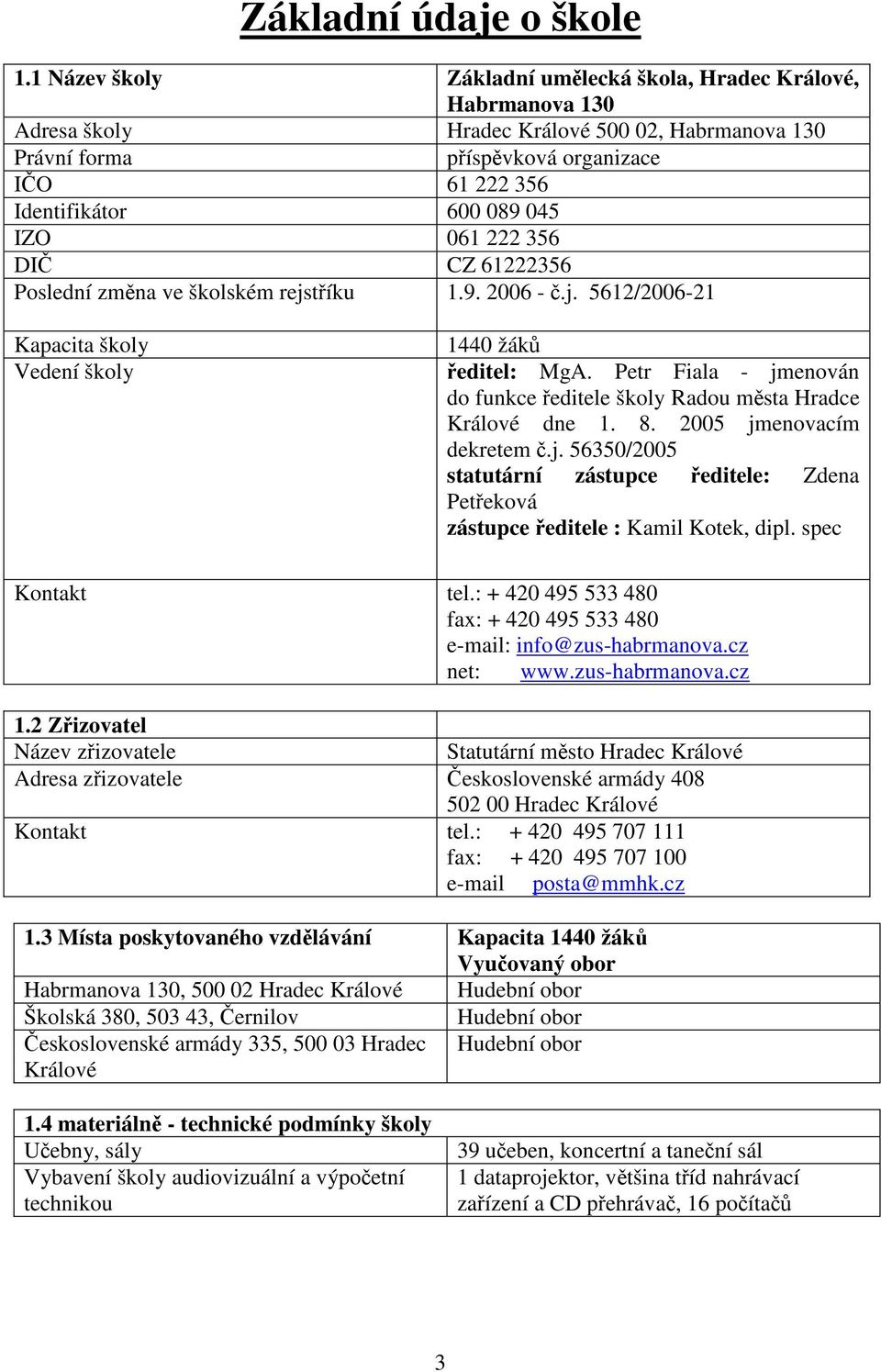 IZO 061 222 356 DIČ CZ 61222356 Poslední změna ve školském rejstříku 1.9. 2006 - č.j. 5612/2006-21 Kapacita školy Vedení školy 1440 žáků ředitel: MgA.