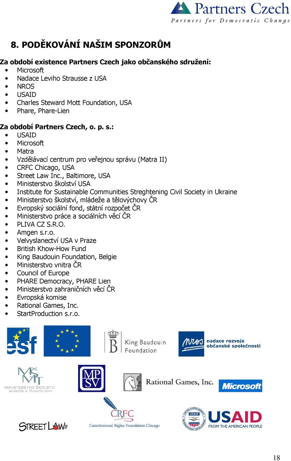 , Baltimore, USA Ministerstvo školství USA Institute for Sustainable Communities Streghtening Civil Society in Ukraine Ministerstvo školství, mládeže a tělovýchovy ČR Evropský sociální fond, státní