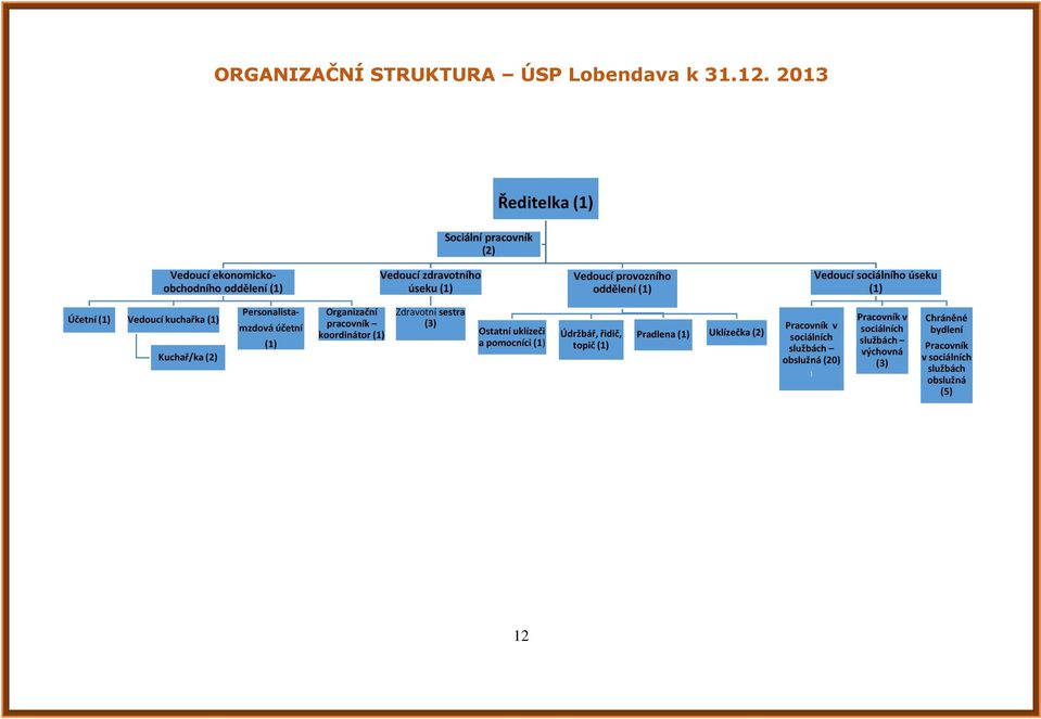 Vedoucí sociálního úseku (1) Účetní (1) Vedoucí kuchařka (1) Kuchař/ka (2) Personalistamzdová účetní (1) Organizační pracovník koordinátor (1)