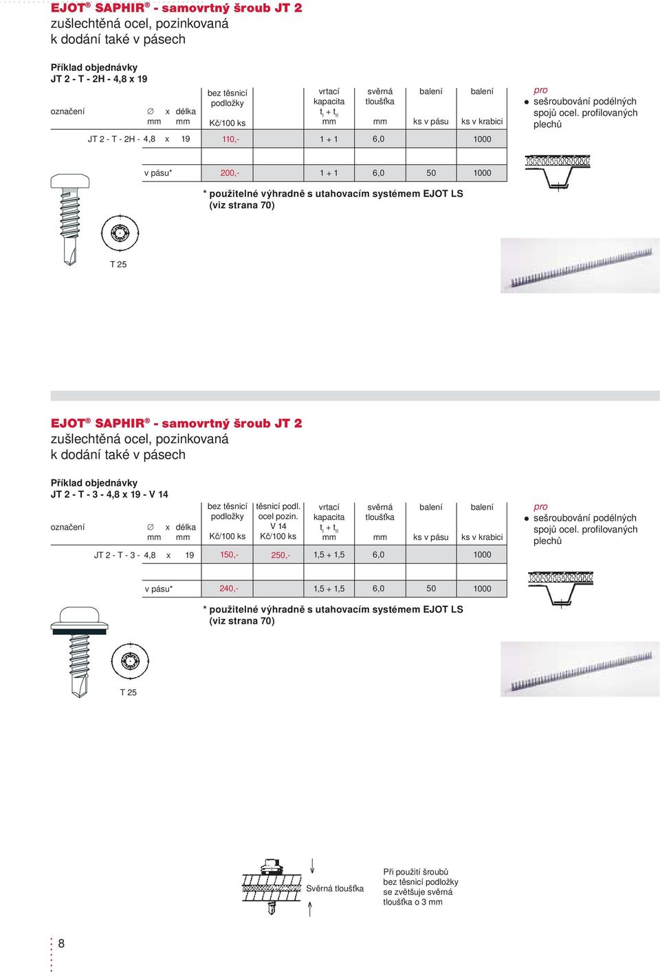 T 25 EJOT SAPHIR - samovrtný šroub JT2 k dodání také v pásech JT2 - T - 3-4,8 x 19 - V 14 JT2 - T - 3-4,8 x 19 150,- V 14 250,- + I 6,0 ks v pásu
