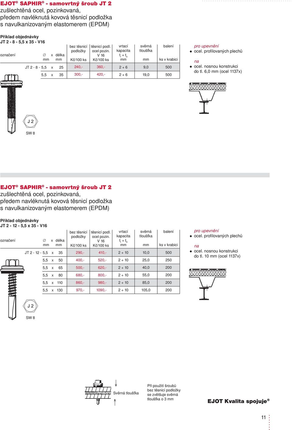 6,0 (ocel 1137x) EJOT SAPHIR - samovrtný šroub JT2 předem vléknutá kovová těsnicí podložka s vulkanizovaným elastomerem (EPDM) JT2-12 - 5,5 x 35 - V16 JT 2-12 - 5,5