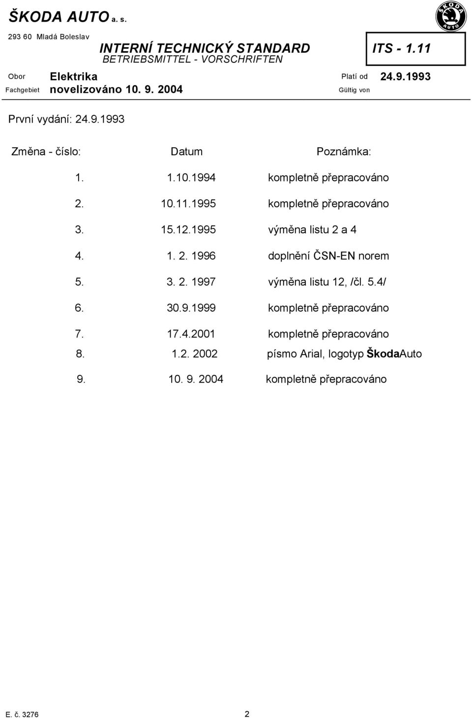 3. 2. 1997 výměna listu 12, /čl. 5.4/ 6. 30.9.1999 kompletně přepracováno 7. 17.4.2001 kompletně přepracováno 8.