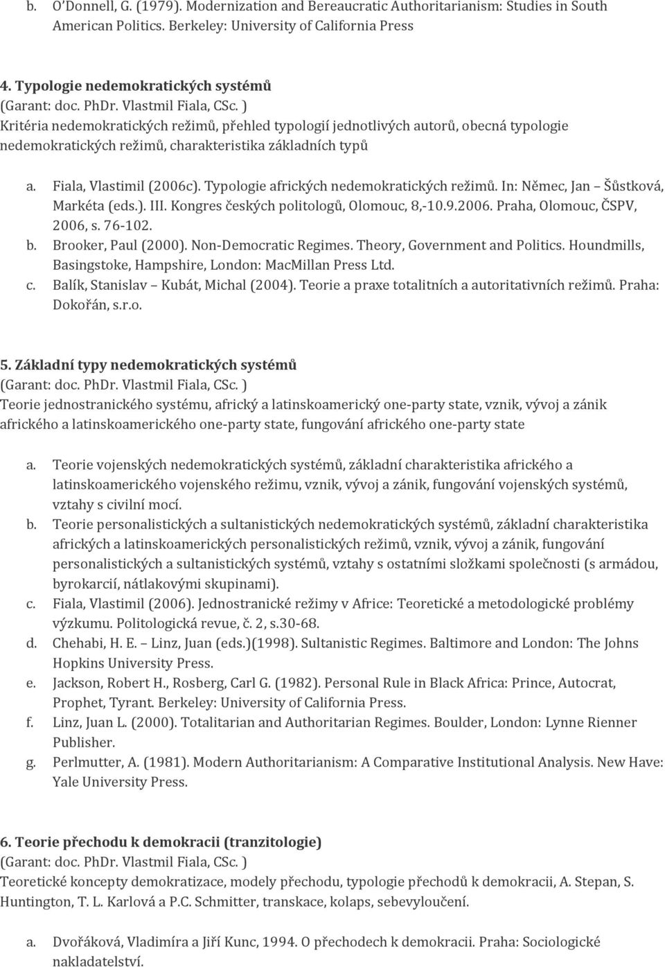 Fiala, Vlastimil (2006c). Typologie afrických nedemokratických režimů. In: Němec, Jan Šůstková, Markéta (eds.). III. Kongres českých politologů, Olomouc, 8,-10.9.2006. Praha, Olomouc, ČSPV, 2006, s.