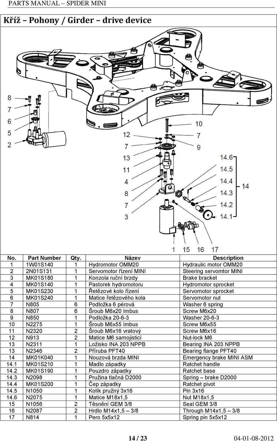 8 N807 6 Šroub M6x20 Imbus Screw M6x20 9 N850 1 Podložka 20-6-3 Washer 20-6-3 10 N2275 1 Šroub M6x55 Imbus Screw M6x55 11 N2320 2 Šroub M6x16 vratový Screw M6x16 12 N913 2 Matice M6 samojisticí