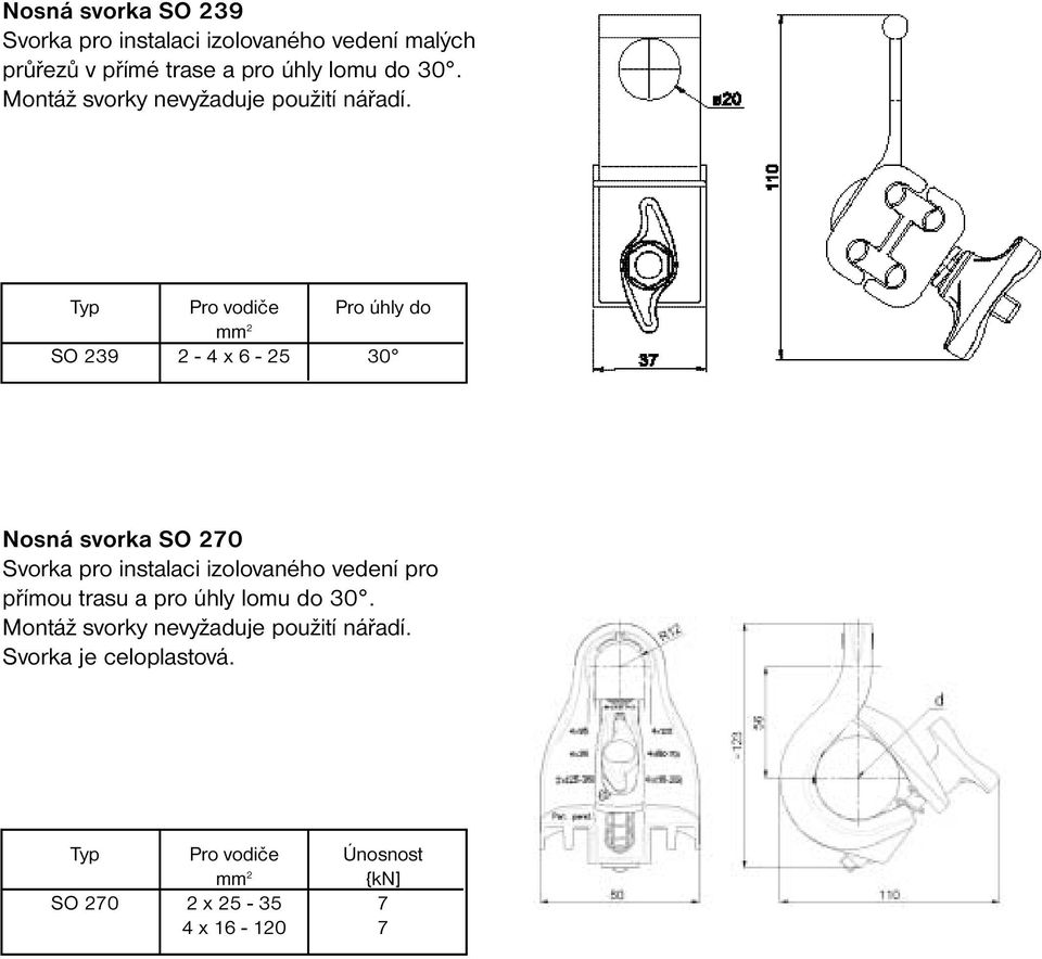 SO 239 Pro vodiče mm 2 2-4 x 6-25 Pro úhly do 30 Nosná svorka SO 270 Svorka pro instalaci izolovaného