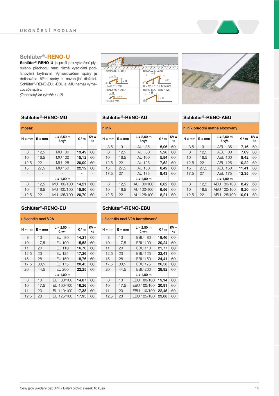 2) RENO-AU / -AEU = B = H 4 H = 8 / 10 mm RENO-AU / -AEU = B = H H = 3,5 mm RENO-AU / -AEU = B = H 4 H = 12,5 / 15 / 17,5 mm RENO-EU / -EBU / -MU = B = H 4 Schlüter -RENO-MU mosaz B = mm - - - - - 8