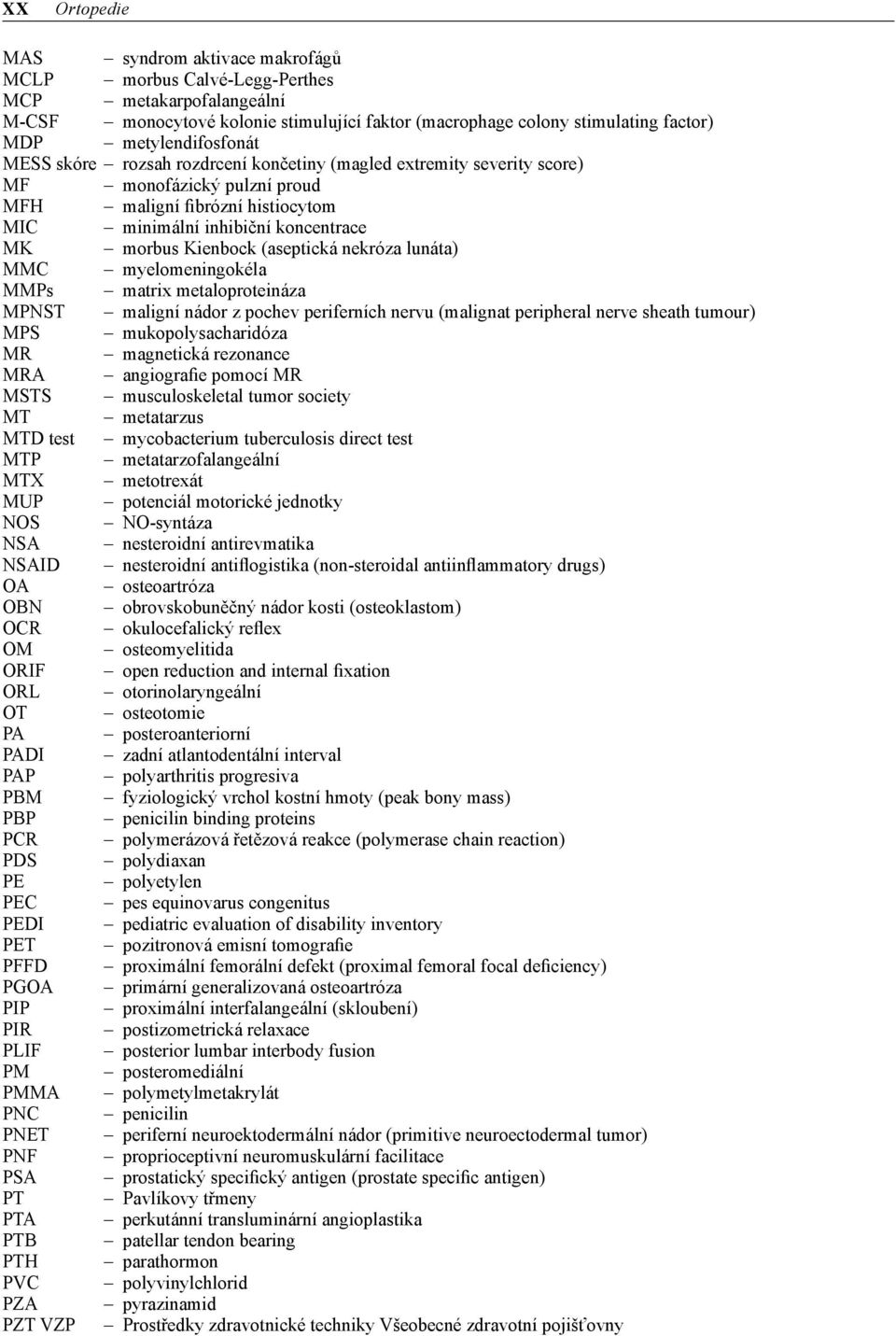 Kienbock (aseptická nekróza lunáta) MMC myelomeningokéla MMPs matrix metaloproteináza MPNST maligní nádor z pochev periferních nervu (malignat peripheral nerve sheath tumour) MPS mukopolysacharidóza